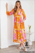Orange Floral Patchwork Print Cut out Tied Back Bracelet Sleeve Maxi Dress
