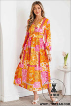 Orange Floral Patchwork Print Cut out Tied Back Bracelet Sleeve Maxi Dress