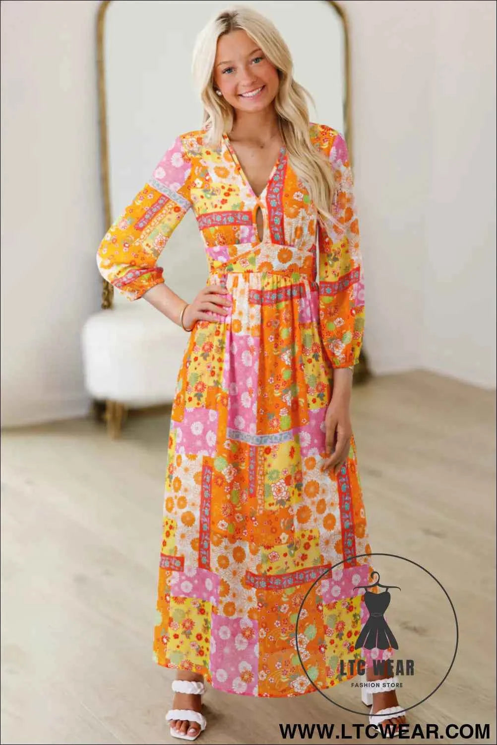 Orange Floral Patchwork Print Cut out Tied Back Bracelet Sleeve Maxi Dress