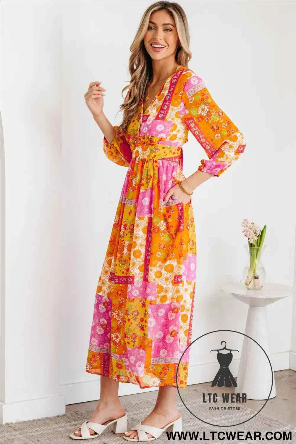 Orange Floral Patchwork Print Cut out Tied Back Bracelet Sleeve Maxi Dress