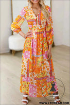 Orange Floral Patchwork Print Cut out Tied Back Bracelet Sleeve Maxi Dress