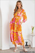 Orange Floral Patchwork Print Cut out Tied Back Bracelet Sleeve Maxi Dress