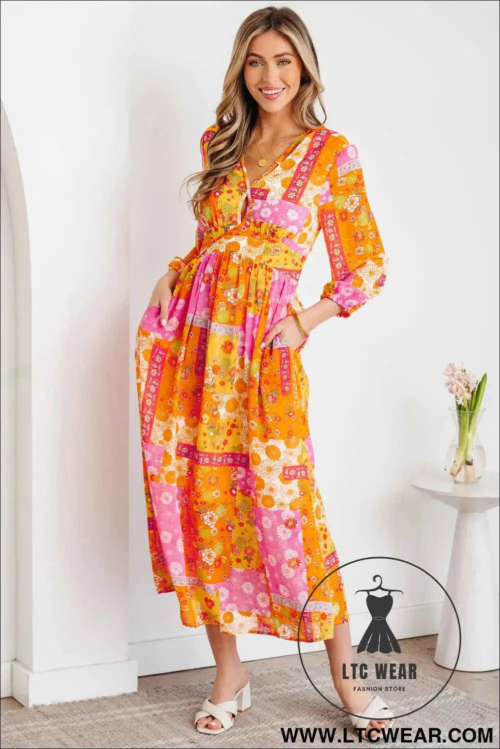 Orange Floral Patchwork Print Cut out Tied Back Bracelet Sleeve Maxi Dress