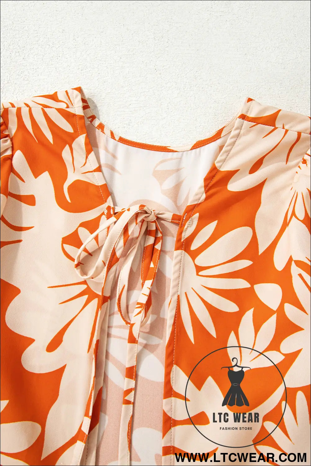Orange Floral Print Knotted Backless Long Sleeve Blouse - L.T.C Wear Online Fashion Store