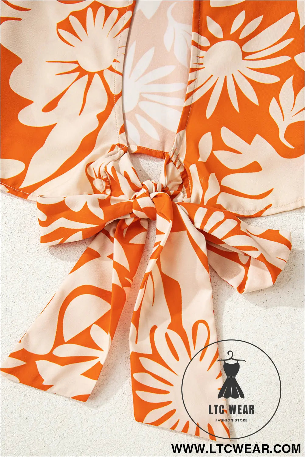 Orange Floral Print Knotted Backless Long Sleeve Blouse - L.T.C Wear Online Fashion Store