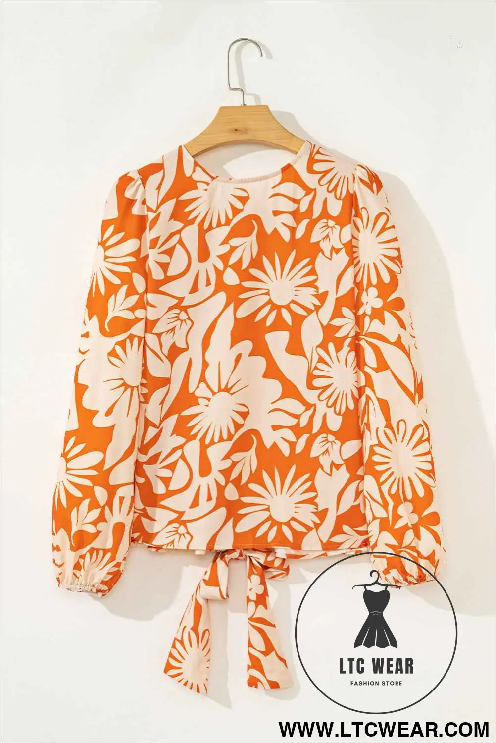 Orange Floral Print Knotted Backless Long Sleeve Blouse