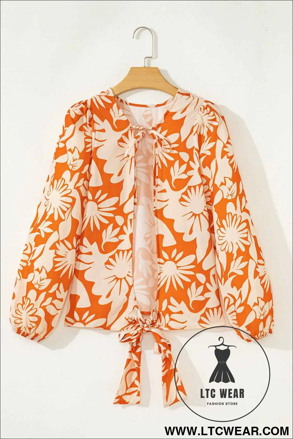 Orange Floral Print Knotted Backless Long Sleeve Blouse