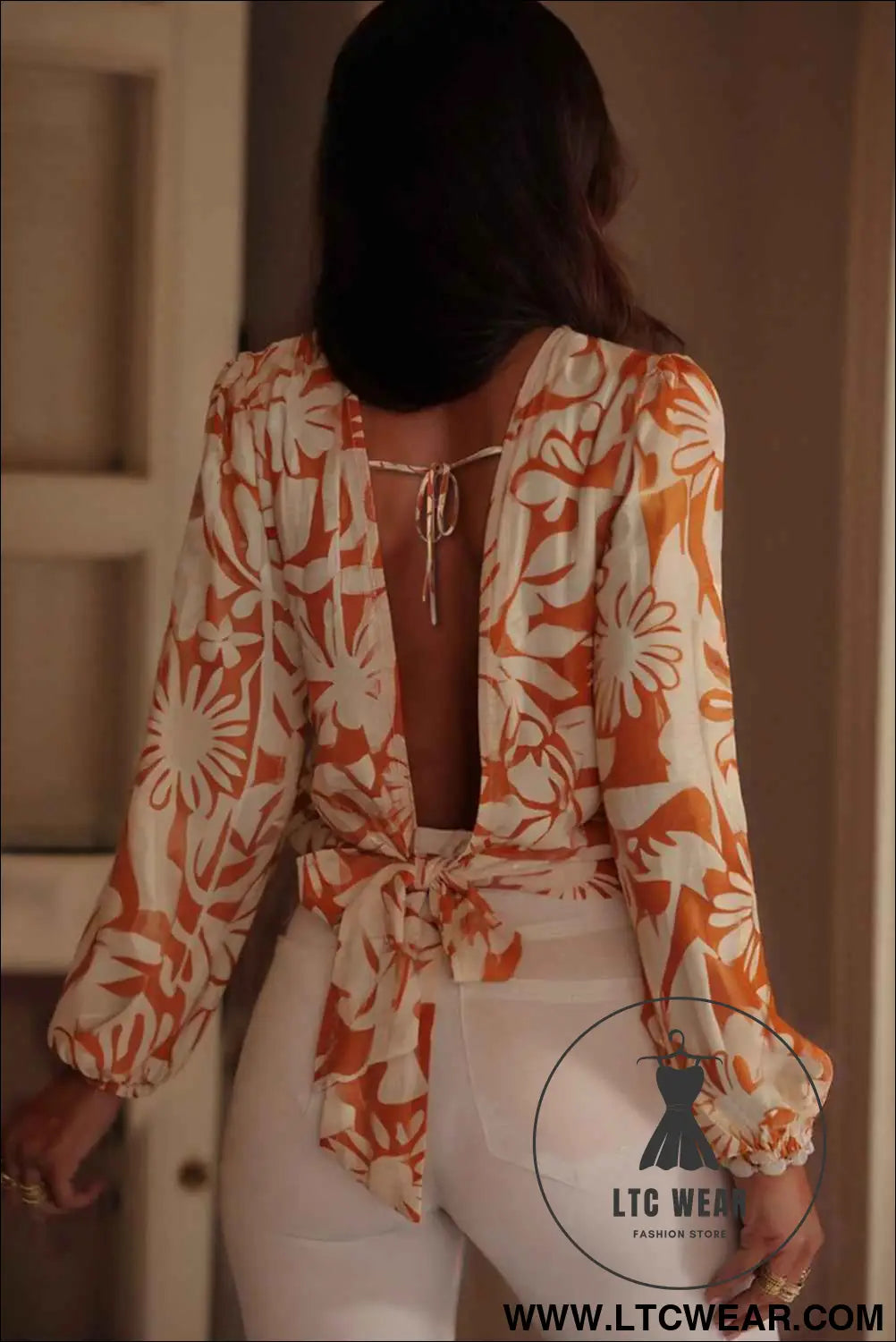Orange Floral Print Knotted Backless Long Sleeve Blouse