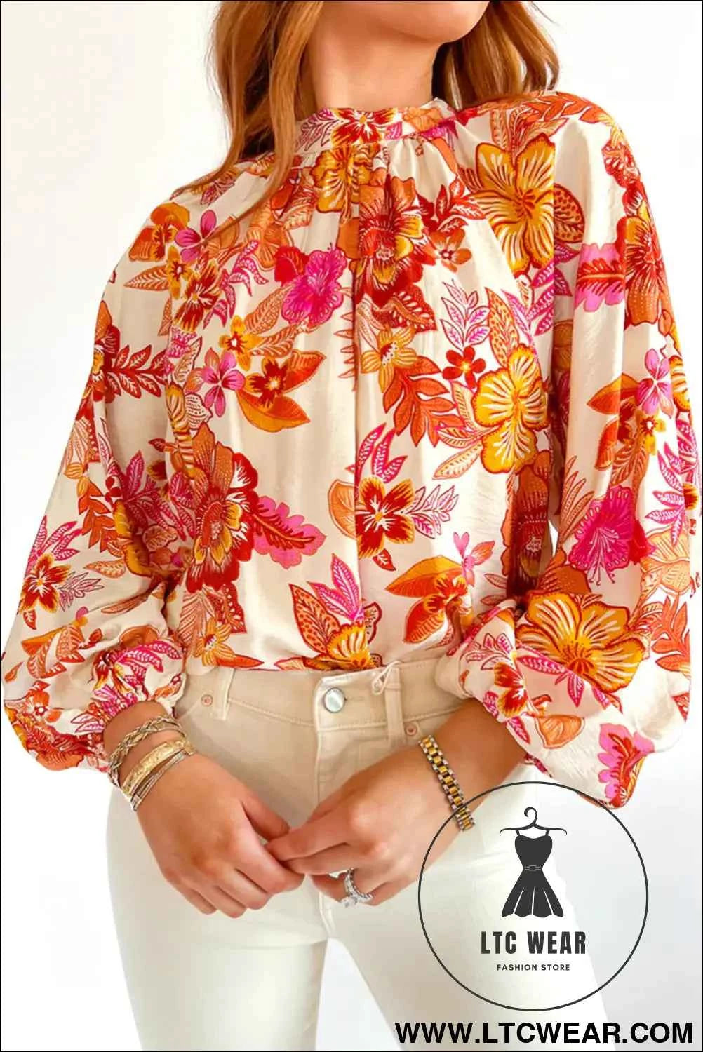 Orange Floral Print Pearl Button Keyhole Long Puff Sleeve Blouse