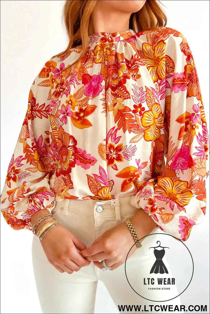 Orange Floral Print Pearl Button Keyhole Long Puff Sleeve Blouse