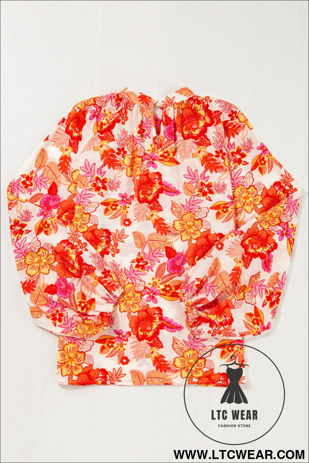 Orange Floral Print Pearl Button Keyhole Long Puff Sleeve Blouse - L.T.C Wear Online Fashion Store
