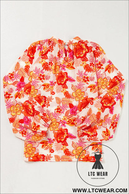 Orange Floral Print Pearl Button Keyhole Long Puff Sleeve Blouse - L.T.C Wear Online Fashion Store