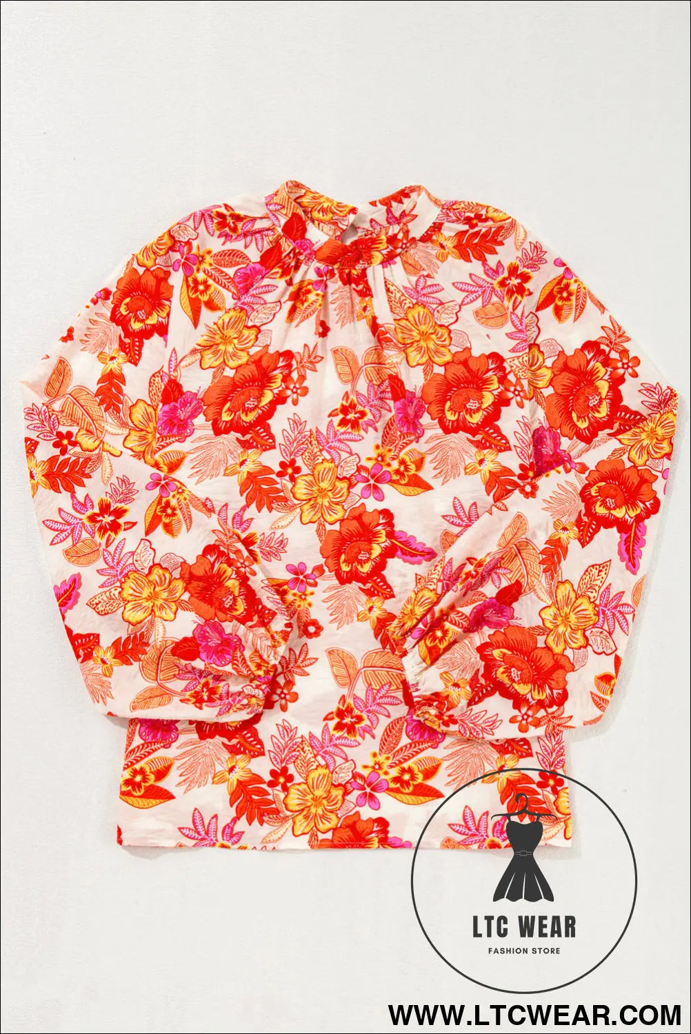 Orange Floral Print Pearl Button Keyhole Long Puff Sleeve Blouse - L.T.C Wear Online Fashion Store