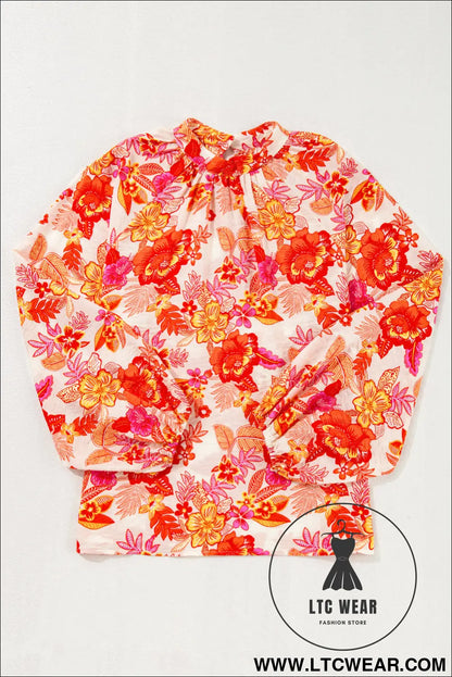Orange Floral Print Pearl Button Keyhole Long Puff Sleeve Blouse - L.T.C Wear Online Fashion Store