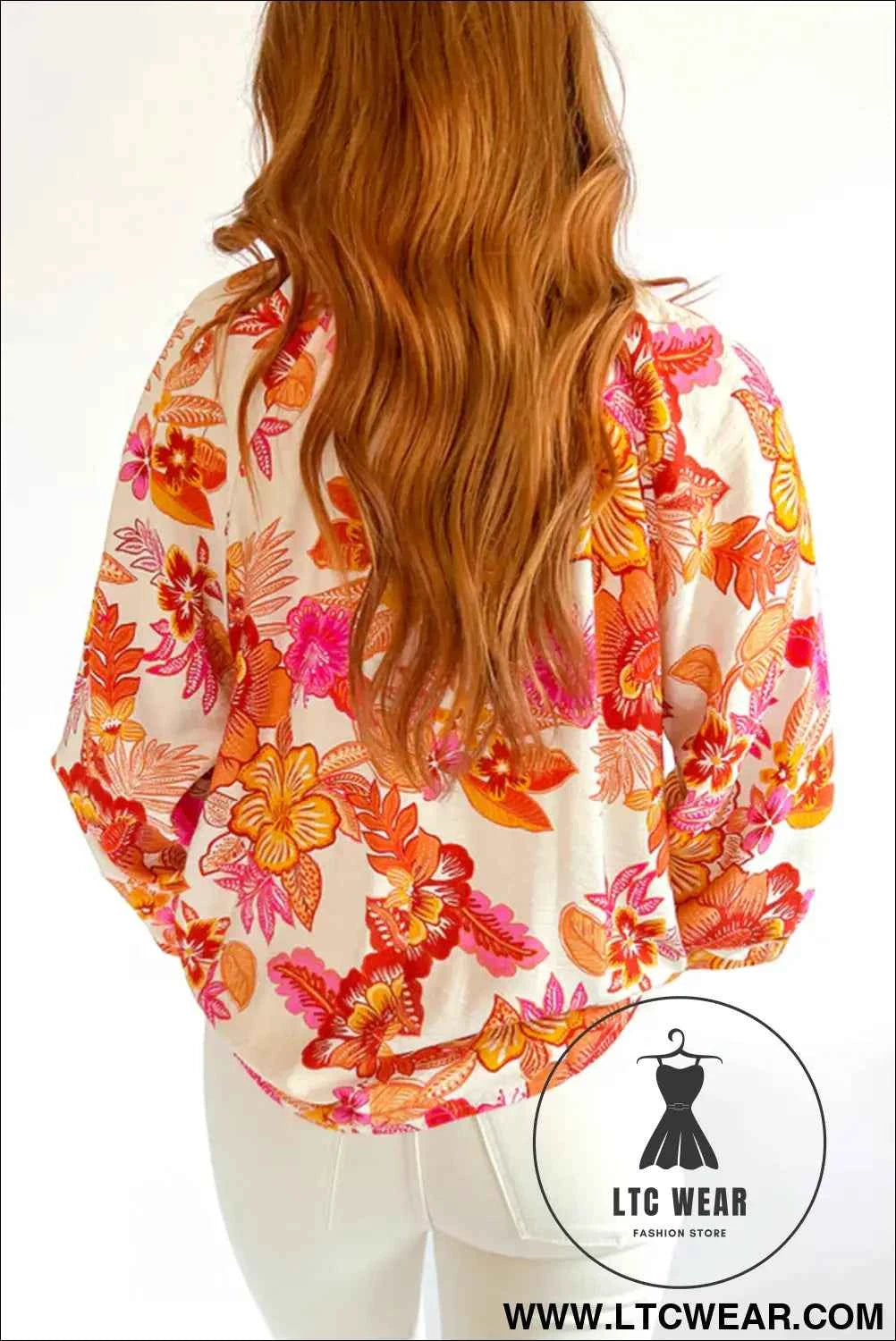 Orange Floral Print Pearl Button Keyhole Long Puff Sleeve Blouse