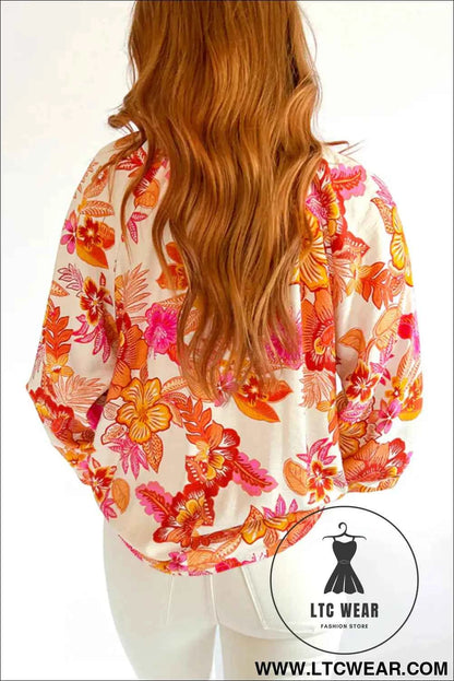 Orange Floral Print Pearl Button Keyhole Long Puff Sleeve Blouse