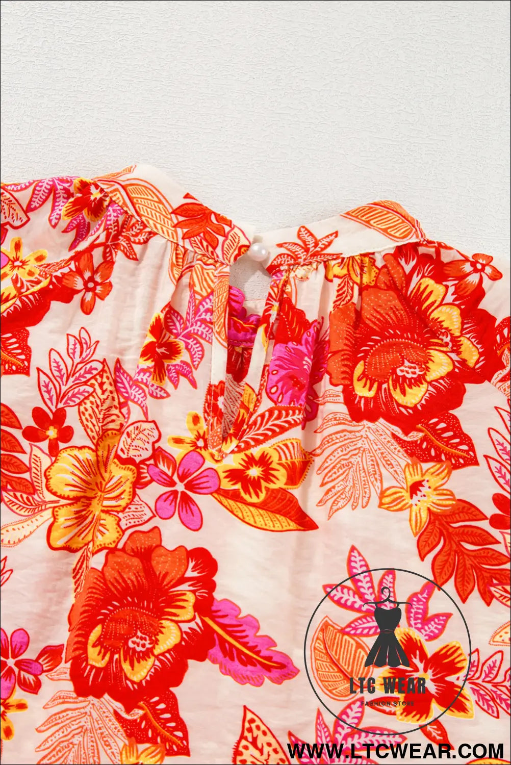 Orange Floral Print Pearl Button Keyhole Long Puff Sleeve Blouse - L.T.C Wear Online Fashion Store