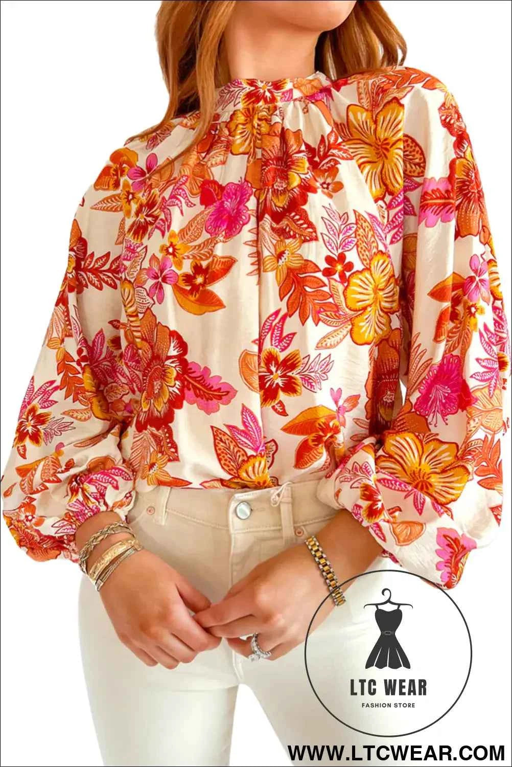 Orange Floral Print Pearl Button Keyhole Long Puff Sleeve Blouse