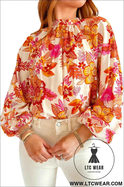 Orange Floral Print Pearl Button Keyhole Long Puff Sleeve Blouse
