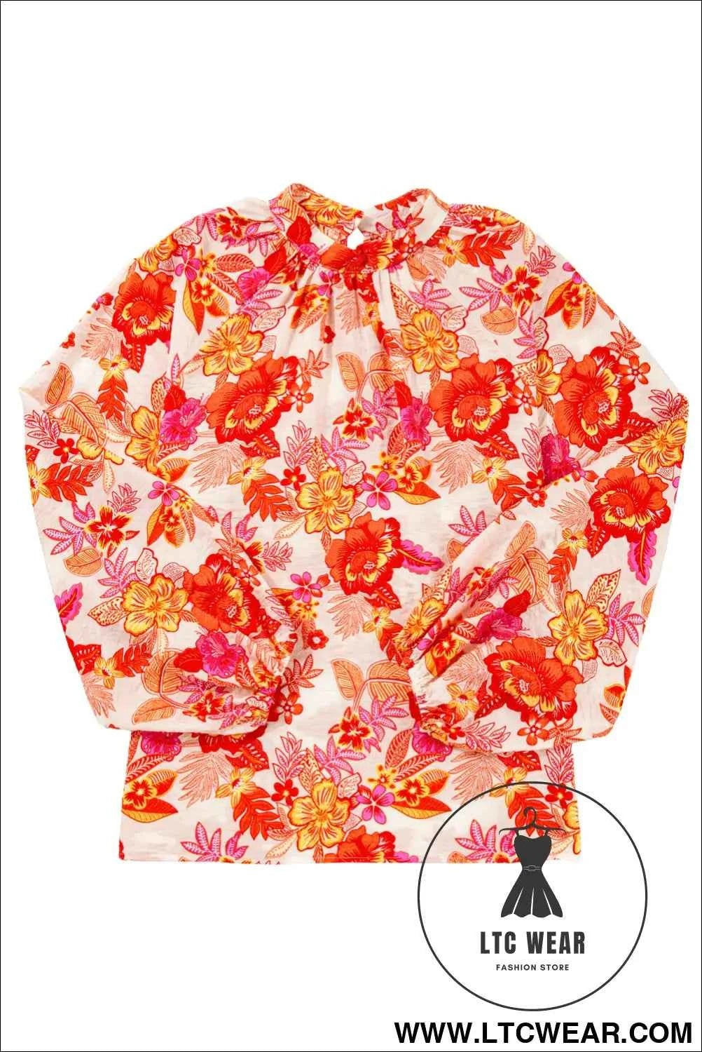 Orange Floral Print Pearl Button Keyhole Long Puff Sleeve Blouse