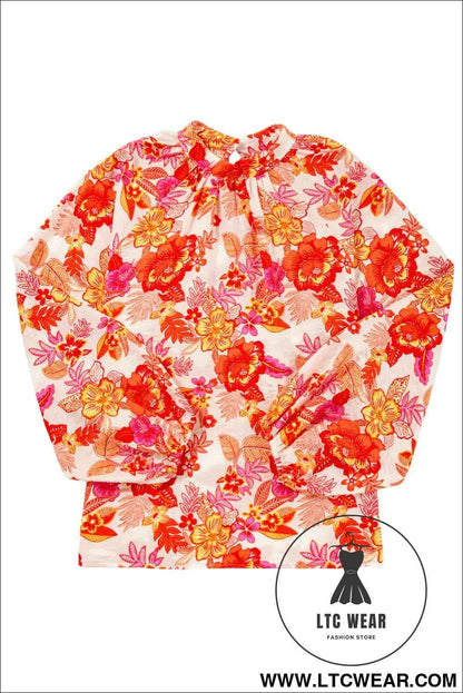 Orange Floral Print Pearl Button Keyhole Long Puff Sleeve Blouse