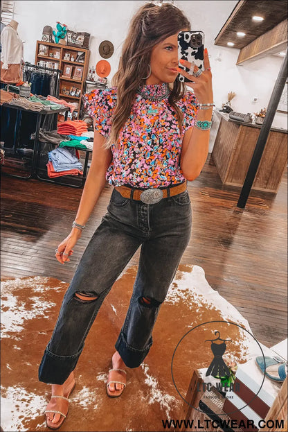 Orange Floral Print Shirred Stand Neck Flutter Shoulder Blouse - L.T.C Wear Online Fashion Store