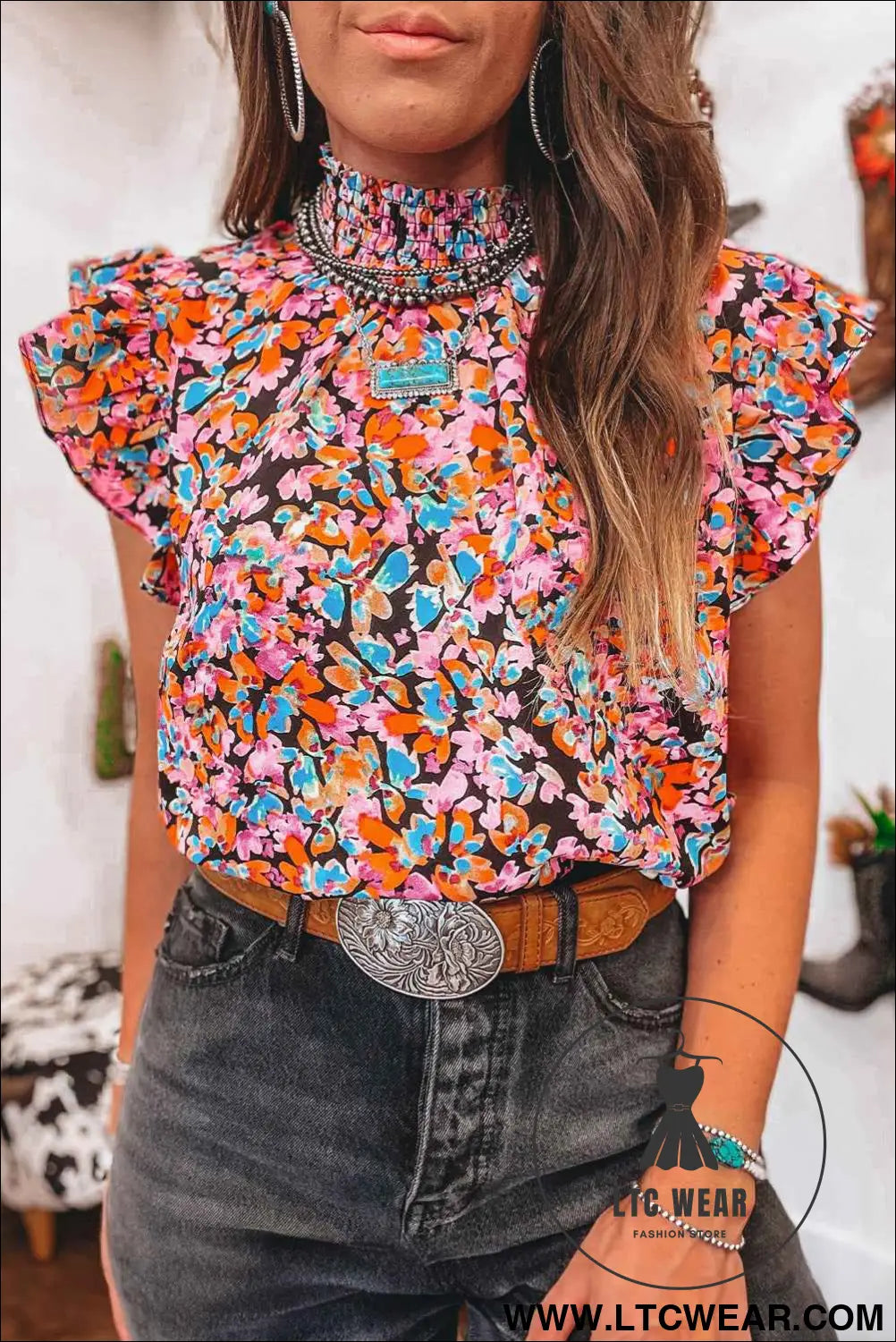Orange Floral Print Shirred Stand Neck Flutter Shoulder Blouse