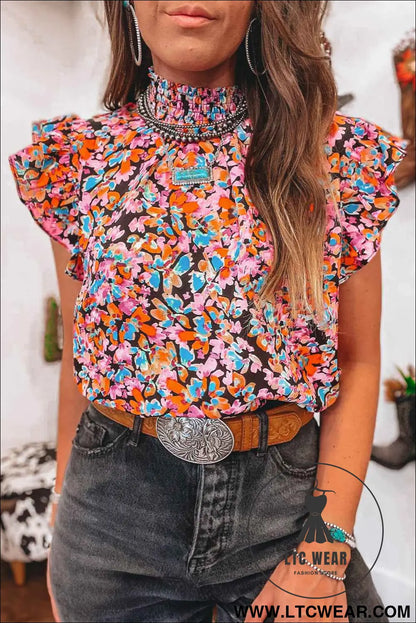 Orange Floral Print Shirred Stand Neck Flutter Shoulder Blouse