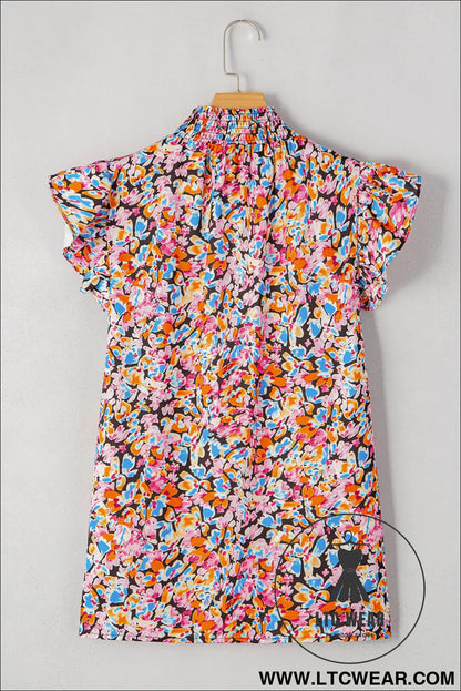 Orange Floral Print Shirred Stand Neck Flutter Shoulder Blouse - L.T.C Wear Online Fashion Store