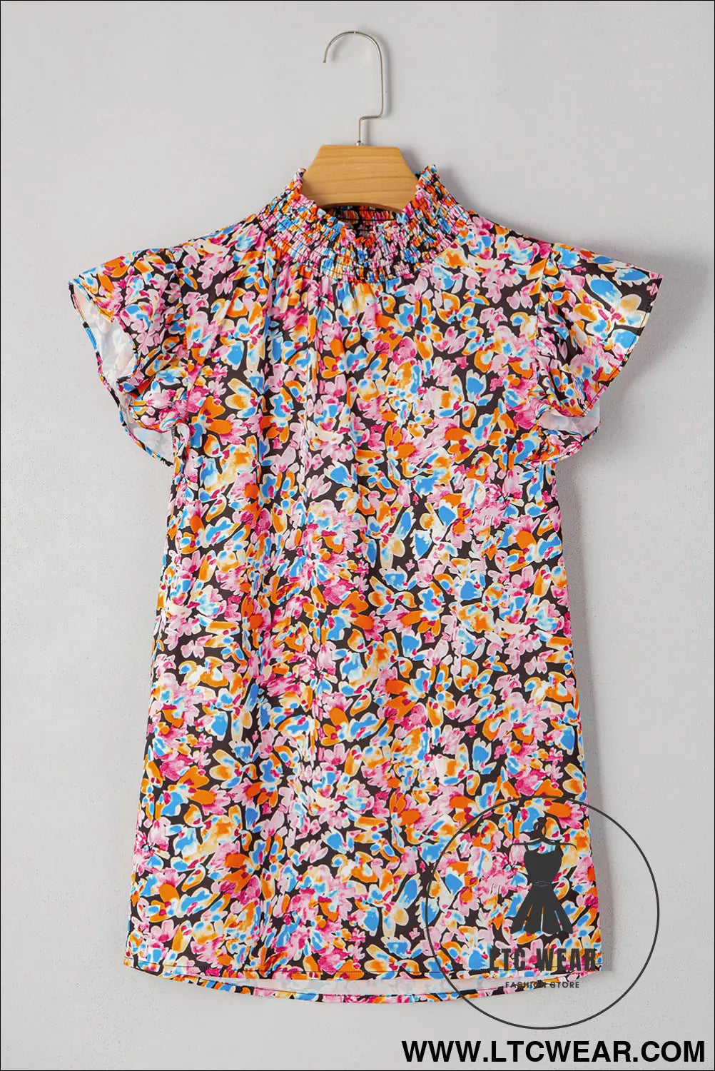 Orange Floral Print Shirred Stand Neck Flutter Shoulder Blouse - L.T.C Wear Online Fashion Store