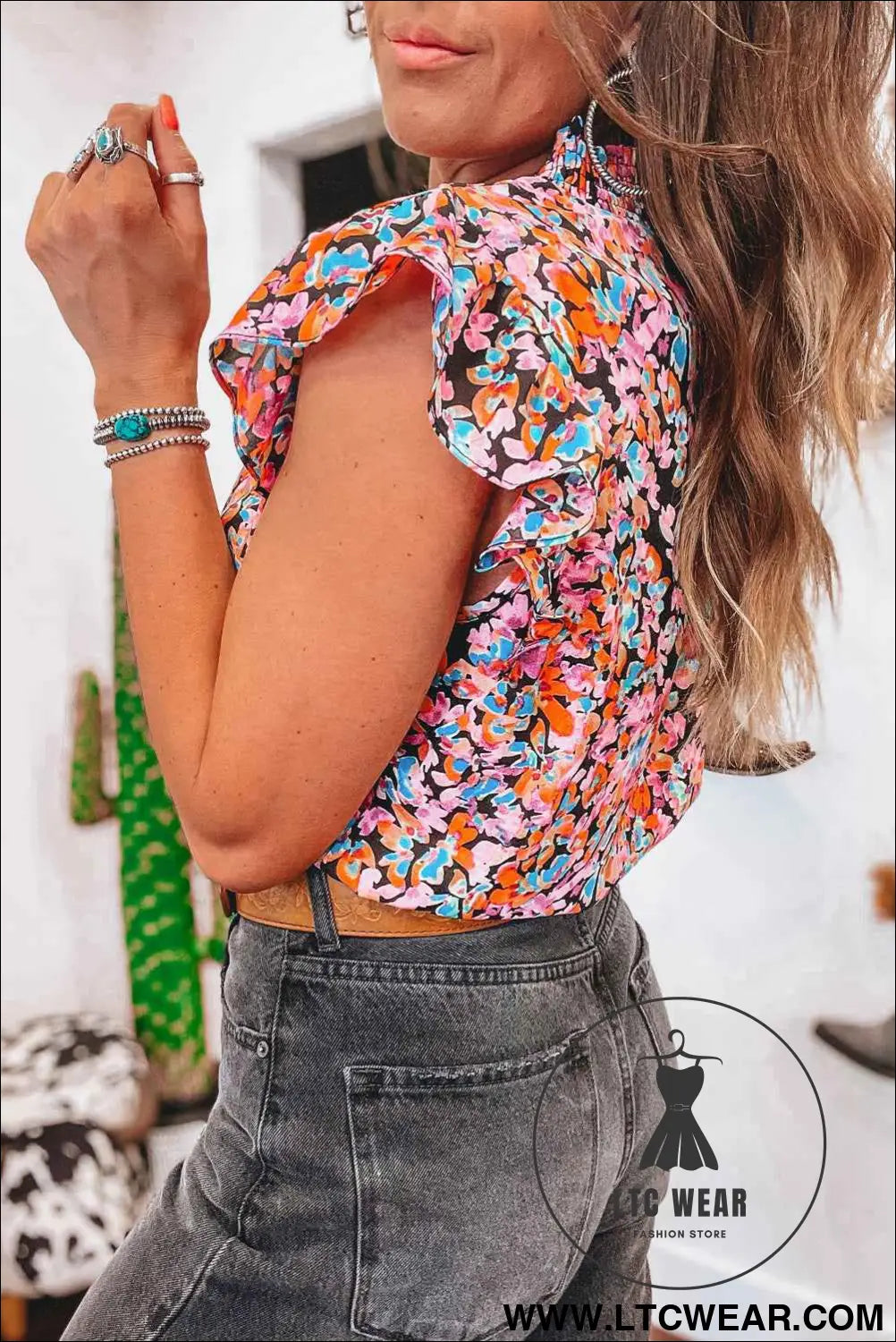 Orange Floral Print Shirred Stand Neck Flutter Shoulder Blouse