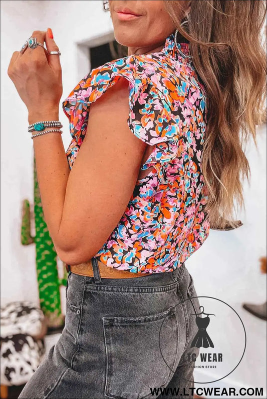 Orange Floral Print Shirred Stand Neck Flutter Shoulder Blouse