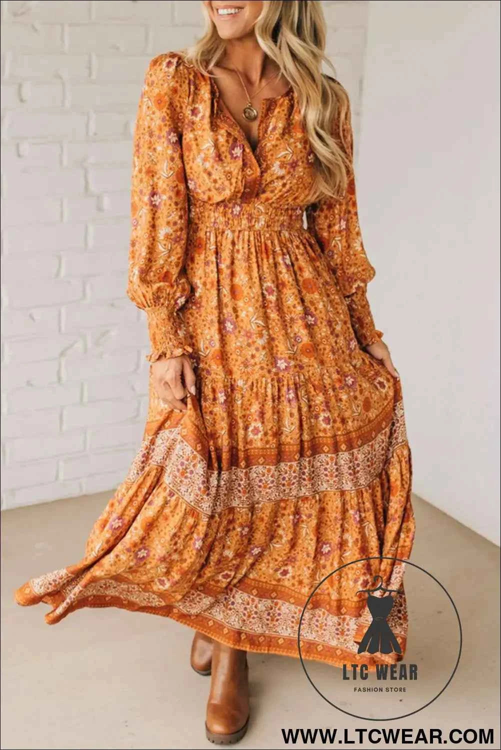 Orange Floral Print Smocked Waist Long Sleeve Boho Maxi Dress