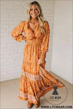 Orange Floral Print Smocked Waist Long Sleeve Boho Maxi Dress