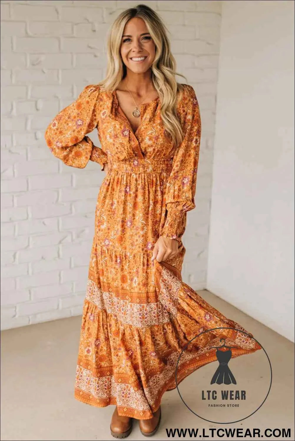 Orange Floral Print Smocked Waist Long Sleeve Boho Maxi Dress