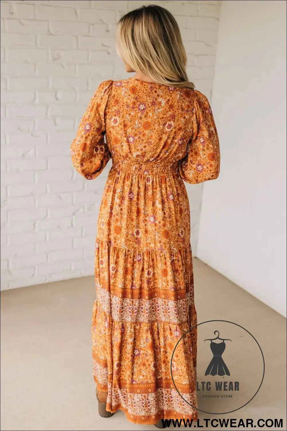 Orange Floral Print Smocked Waist Long Sleeve Boho Maxi Dress