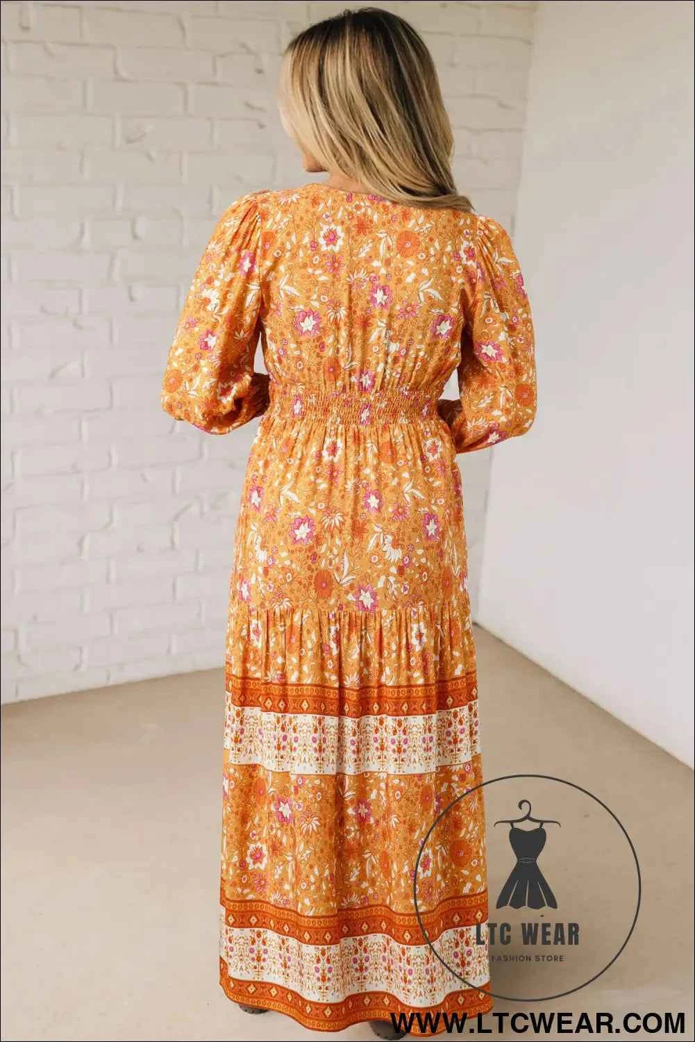 Orange Floral Print Smocked Waist Long Sleeve Boho Maxi Dress