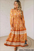 Orange Floral Print Smocked Waist Long Sleeve Boho Maxi Dress