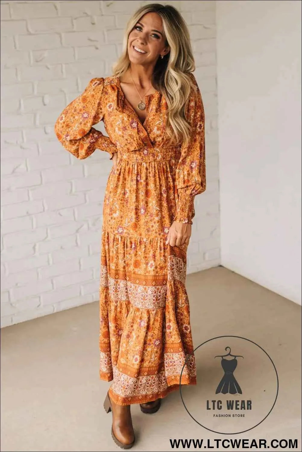 Orange Floral Print Smocked Waist Long Sleeve Boho Maxi Dress