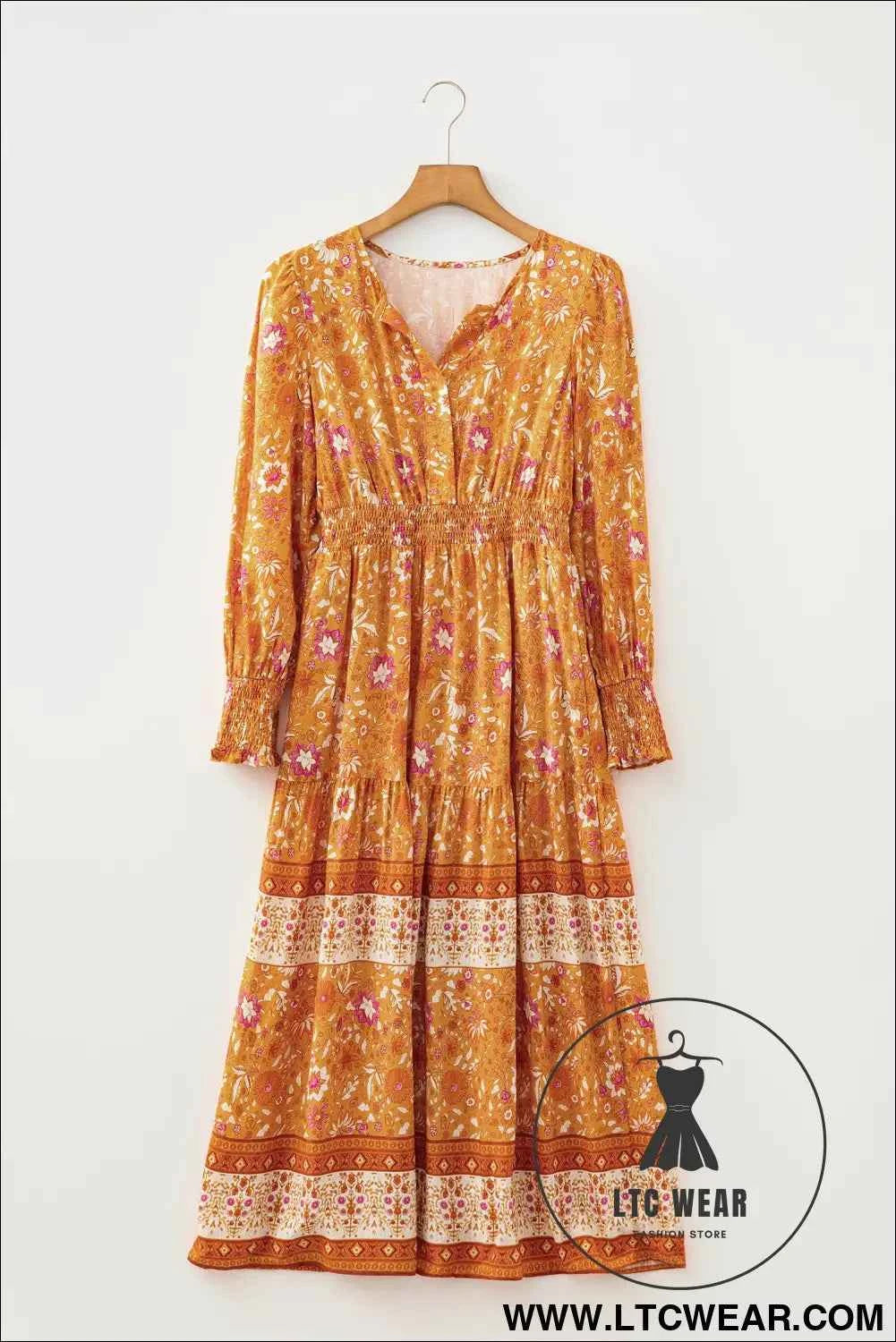 Orange Floral Print Smocked Waist Long Sleeve Boho Maxi Dress