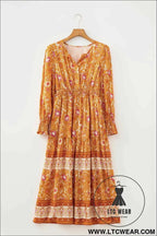 Orange Floral Print Smocked Waist Long Sleeve Boho Maxi Dress