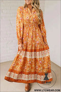 Orange Floral Print Smocked Waist Long Sleeve Boho Maxi Dress