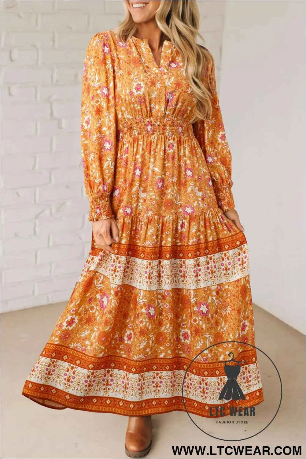 Orange Floral Print Smocked Waist Long Sleeve Boho Maxi Dress