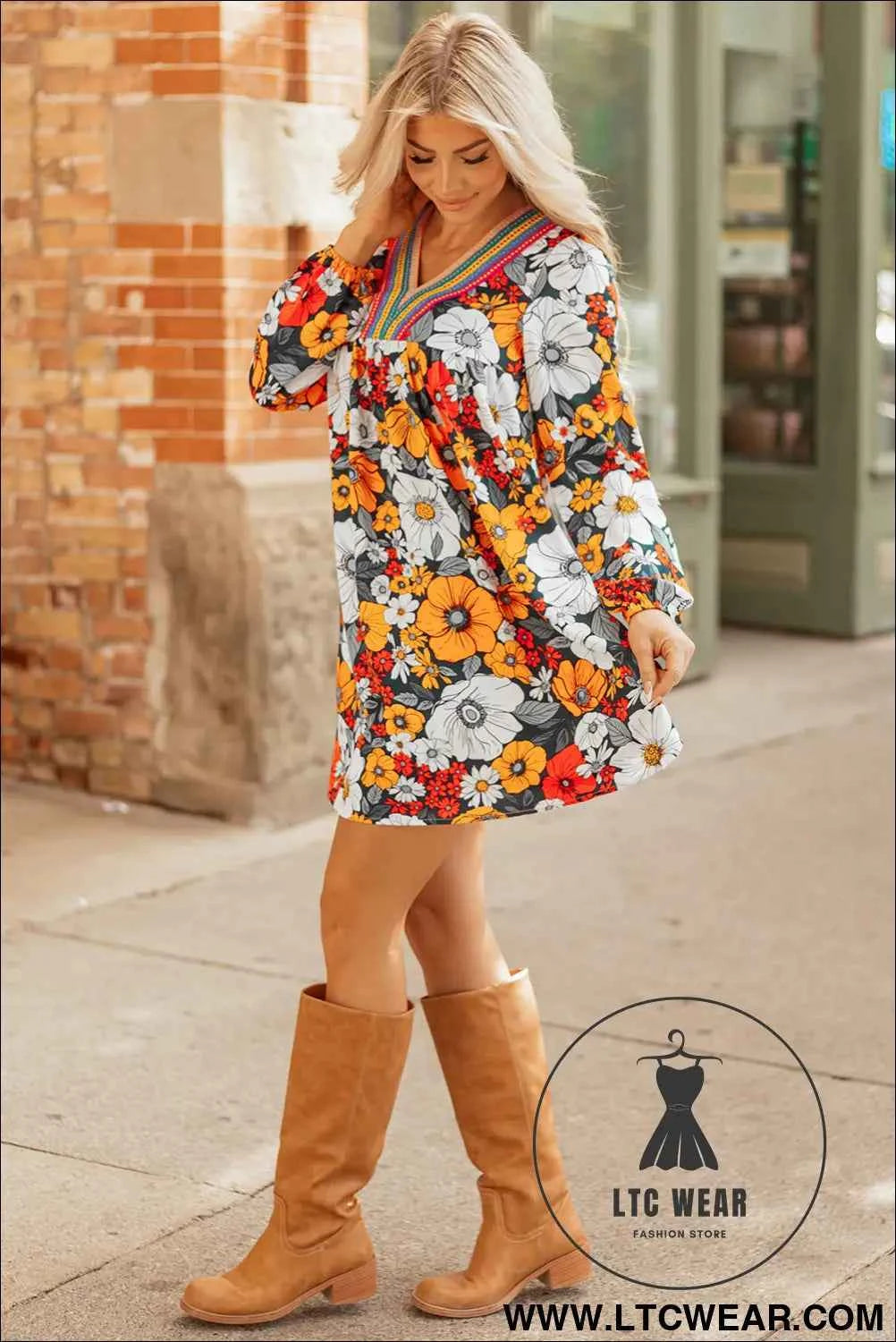 Orange Floral Print Striped Lace V Neck Long Sleeve Mini Dress