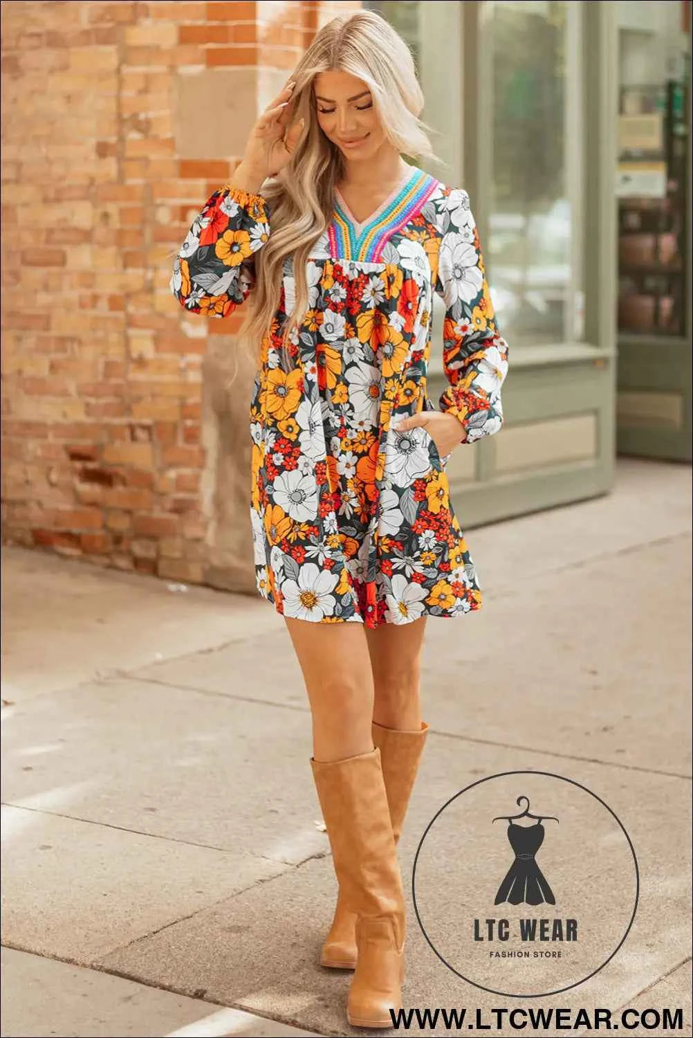 Orange Floral Print Striped Lace V Neck Long Sleeve Mini Dress