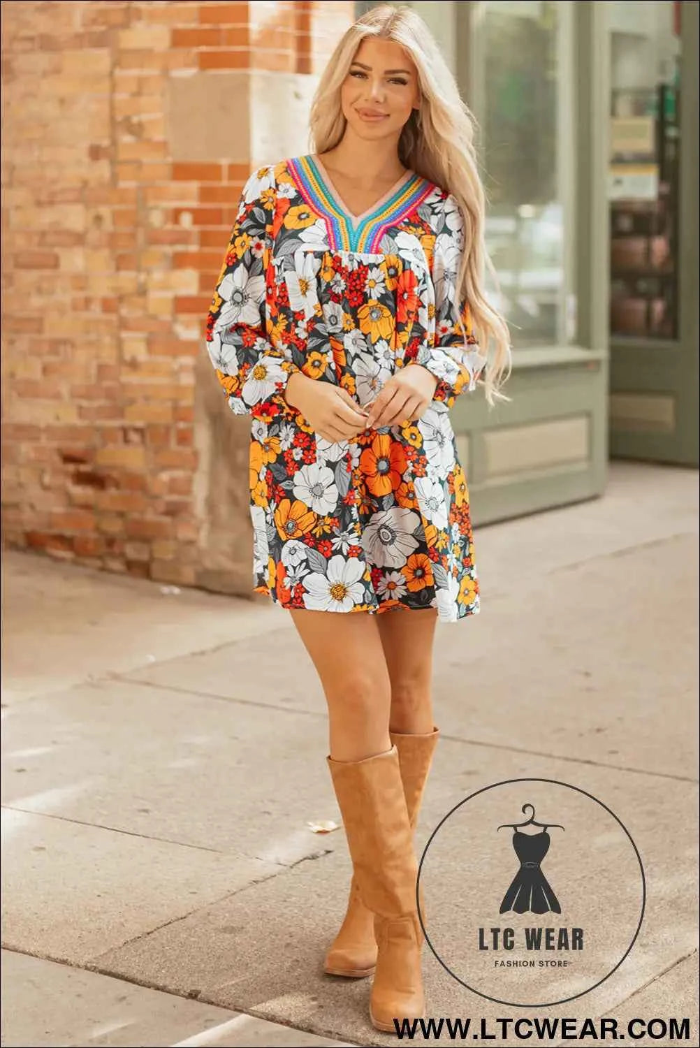 Orange Floral Print Striped Lace V Neck Long Sleeve Mini Dress