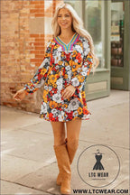 Orange Floral Print Striped Lace V Neck Long Sleeve Mini Dress