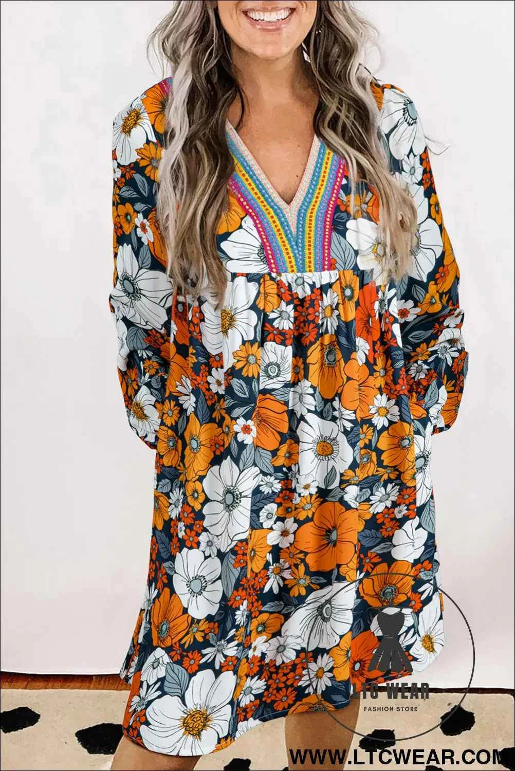 Orange Floral Print Striped Lace V Neck Long Sleeve Mini Dress