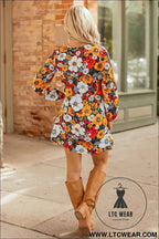 Orange Floral Print Striped Lace V Neck Long Sleeve Mini Dress