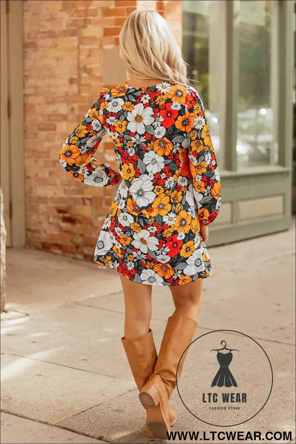 Orange Floral Print Striped Lace V Neck Long Sleeve Mini Dress